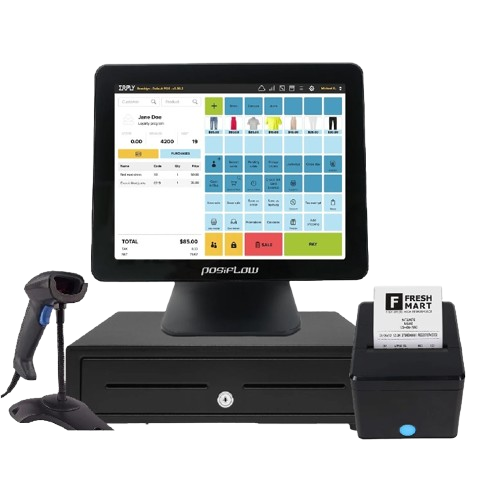Modern POS system with touchscreen terminal, barcode scanner, thermal printer and cash drawer